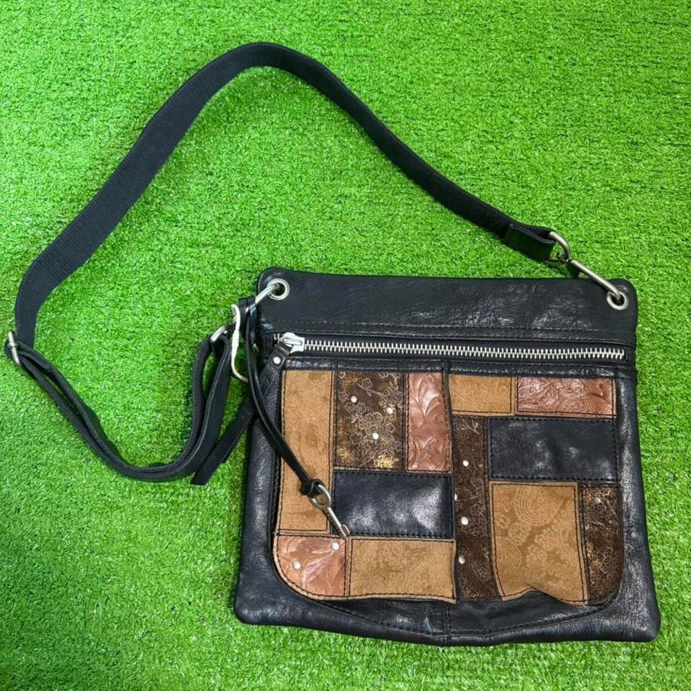 Vintage Fossil Crossbody Bag Genuine Leather Patchwork Black Adjustable Zip
